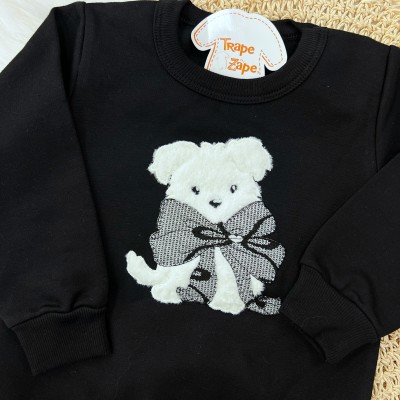  Conj. Casaco de Moletom Cachorrinho com Laço e Calça Legging - Preto